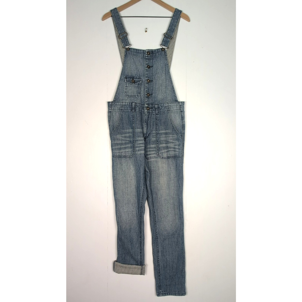 Lovestitch Womens Blue Denim Button Front Overalls Ticking Stripe Size S I-70428